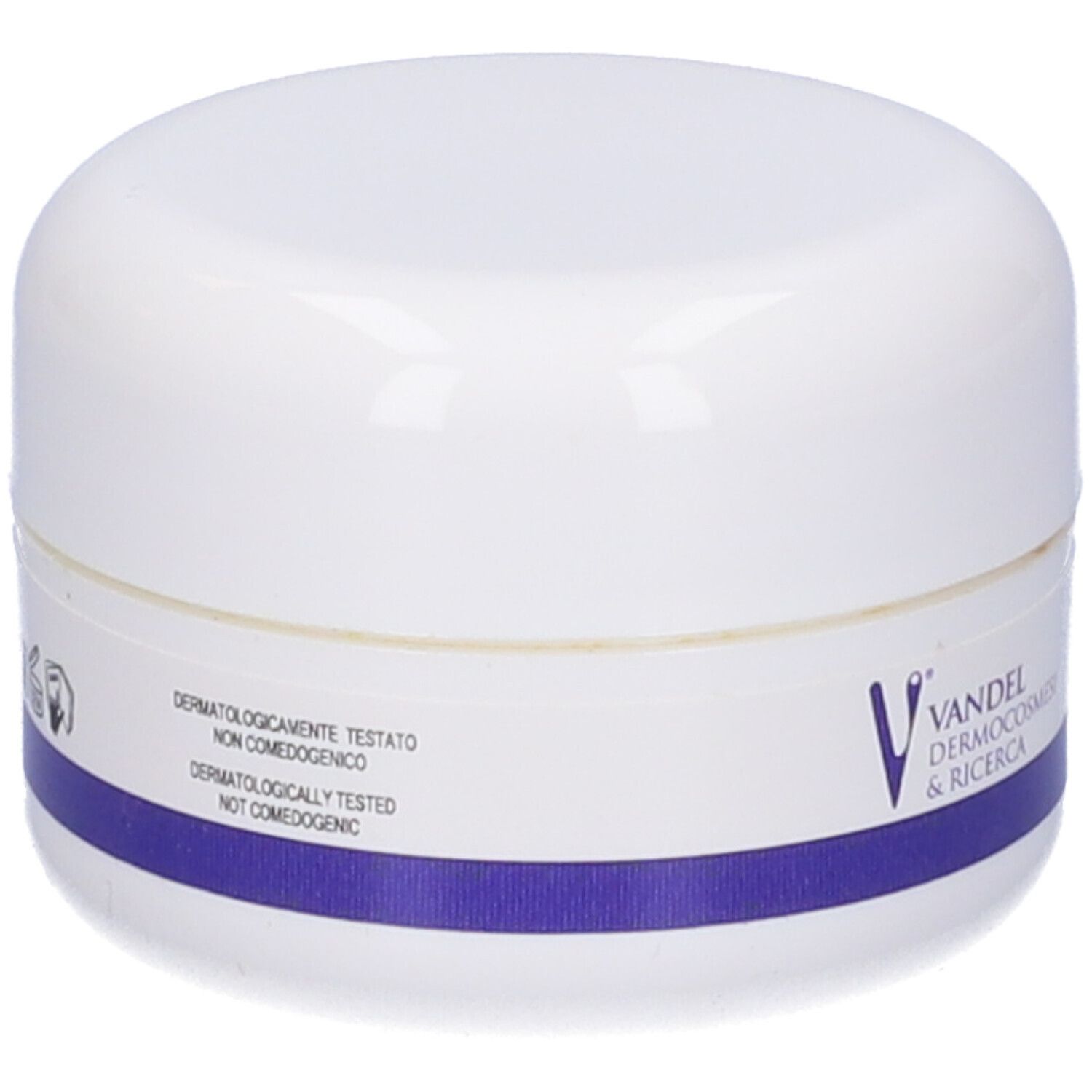 Vasetto bianco con coperchio. Etichetta: 'Dermatologicamente testato'.