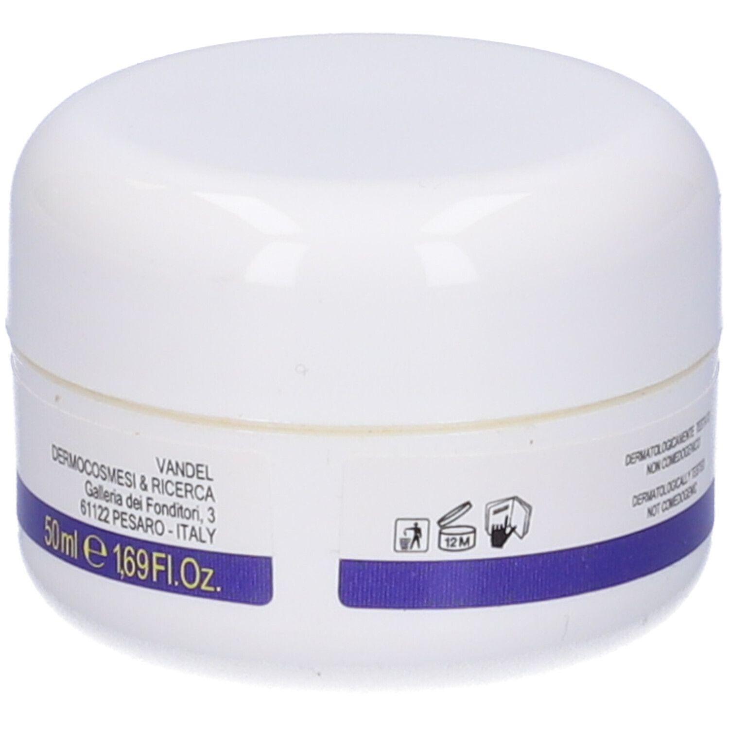 Vasetto bianco con coperchio. Etichetta: '50ml 1.69Fl.Oz.' e altre informazioni.