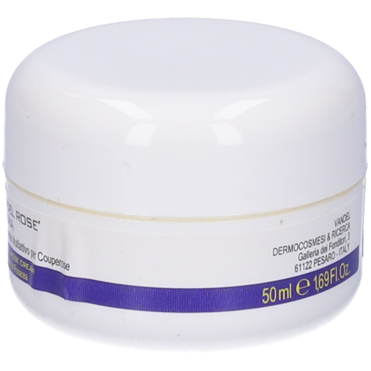 Vasetto bianco con coperchio. Etichetta: '50ml 1.69Fl.Oz.' e altre informazioni.