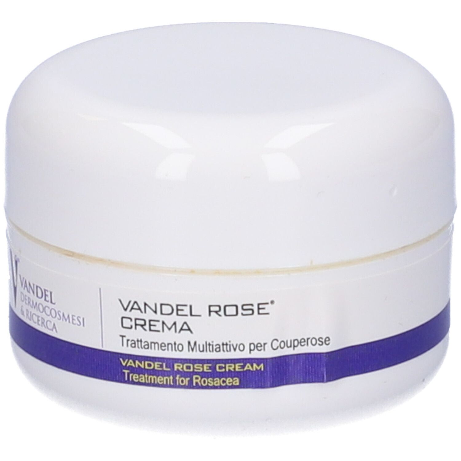 Vasetto bianco con coperchio. Etichetta: 'Vandel Rose Crema'.