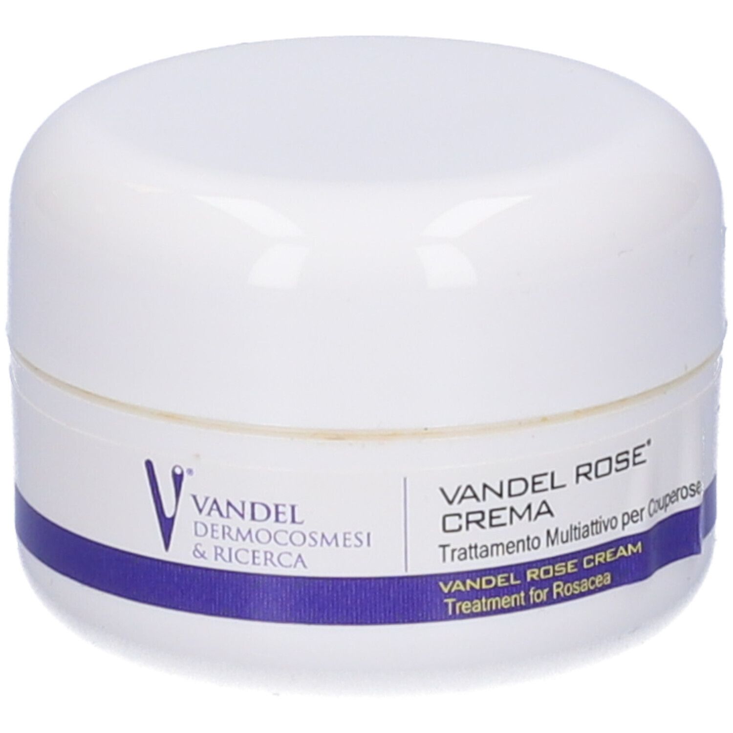 Vasetto bianco con coperchio. Etichetta: 'Vandel Rose Crema'.