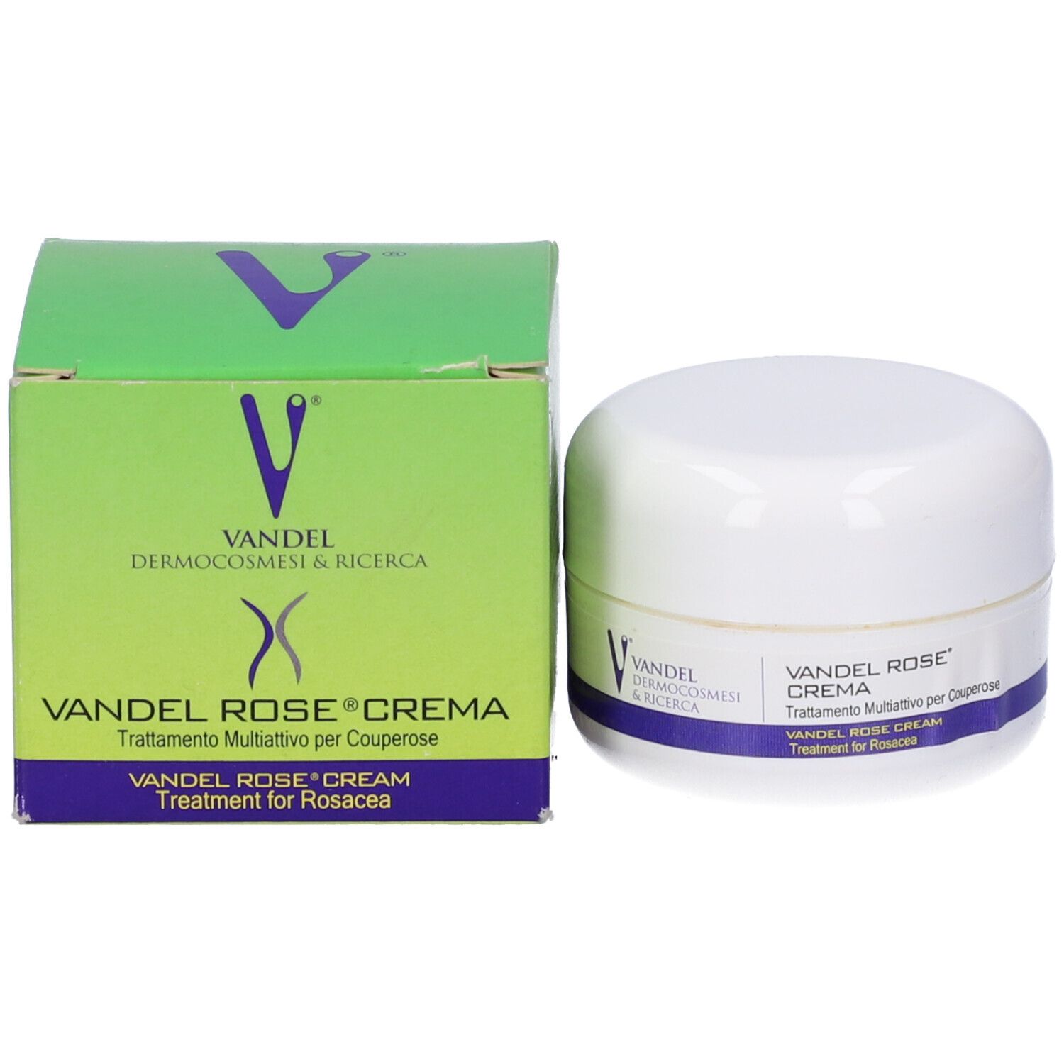Scatola verde e vasetto bianco. Sulla scatola: 'Vandel Rose Crema'.