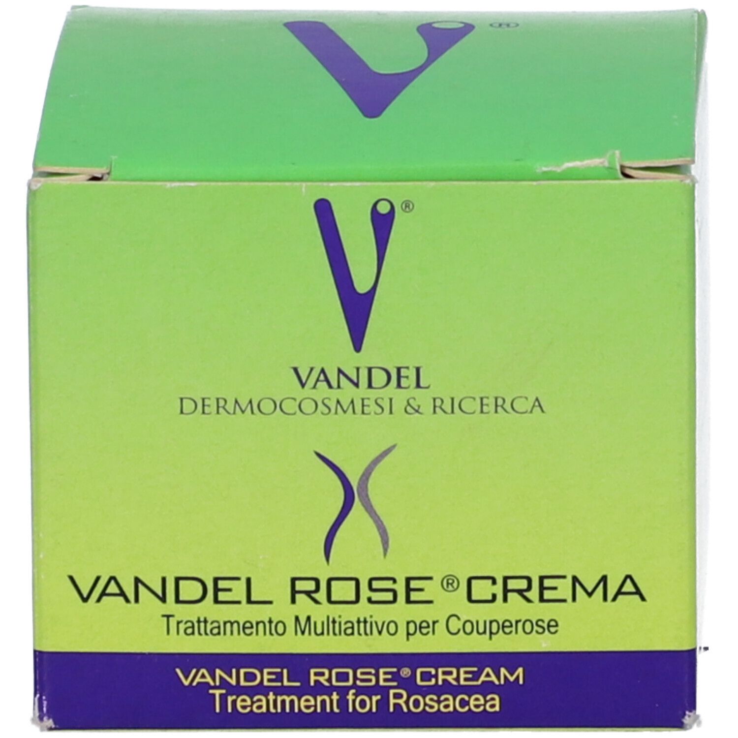 Scatola verde con testo: 'Vandel Rose Crema'.