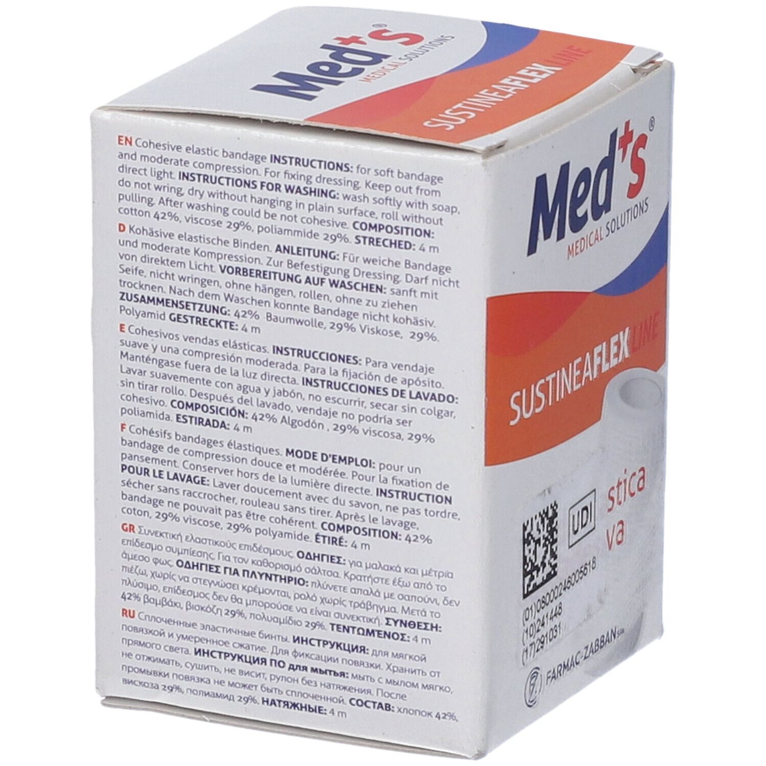 Confezione Sustineaflex Line. Istruzioni multilingue. Scritta Med's Medical Solutions. Codice UDI e testo. Benda elastica bianca.