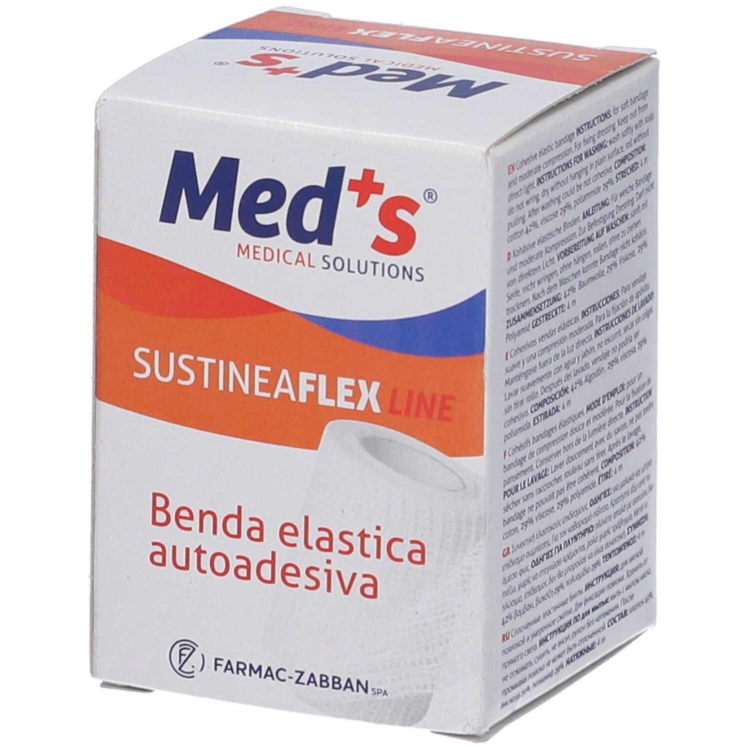 Confezione Sustineaflex Line. Scritta Med's Medical Solutions. Benda elastica autoadesiva. Benda elastica bianca visibile.