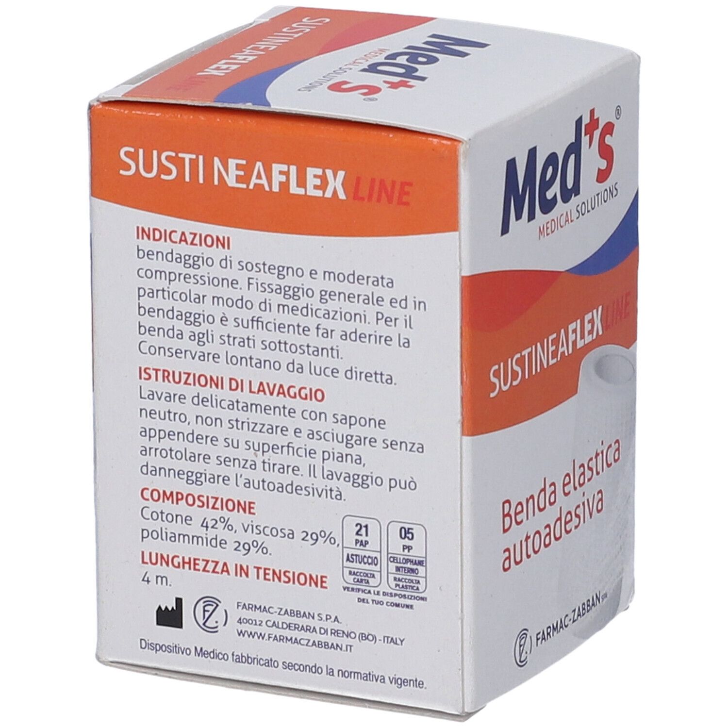 Confezione Sustineaflex Line. Scritta Med's Medical Solutions. Testo e simboli. Benda elastica bianca. 4 m.