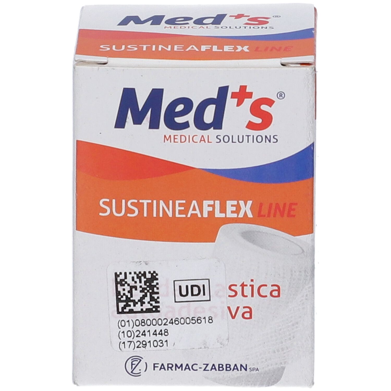 Confezione Sustineaflex Line. Scritta Med's Medical Solutions. Codice UDI e testo. Benda elastica bianca visibile.