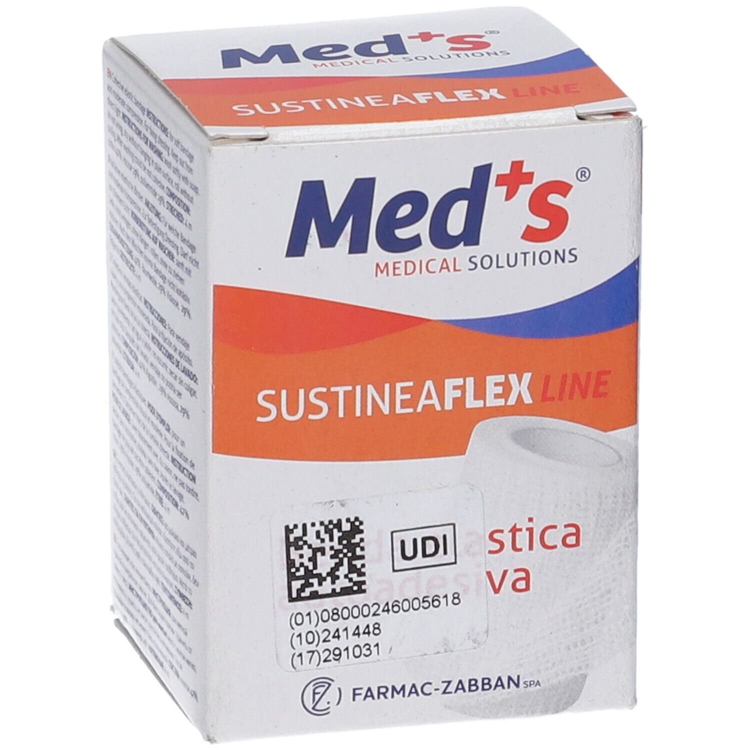 Confezione Sustineaflex Line. Scritta Med's Medical Solutions. Codice UDI e testo. Benda elastica bianca visibile.