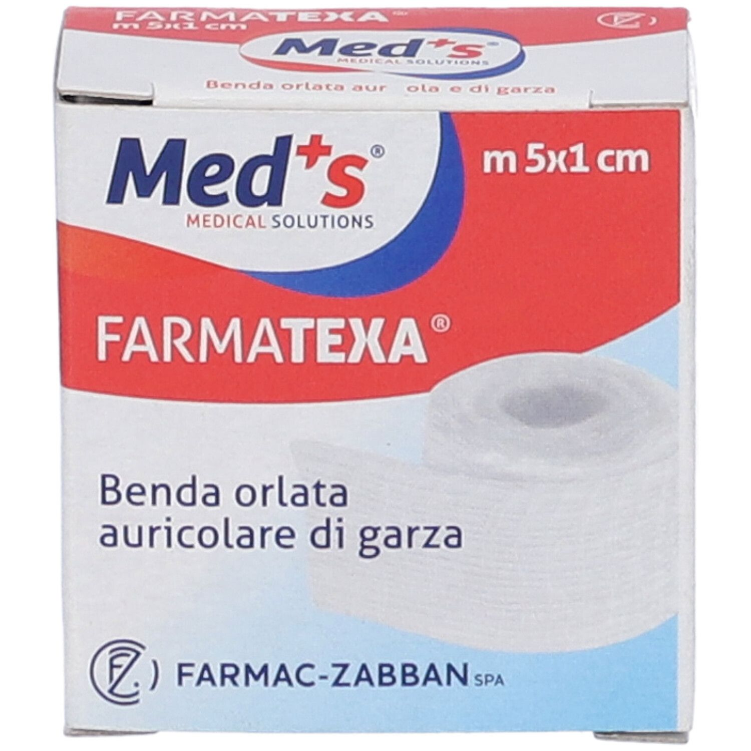 Confezione in cartone con nome e logo del prodotto. Benda arrotolata visibile.