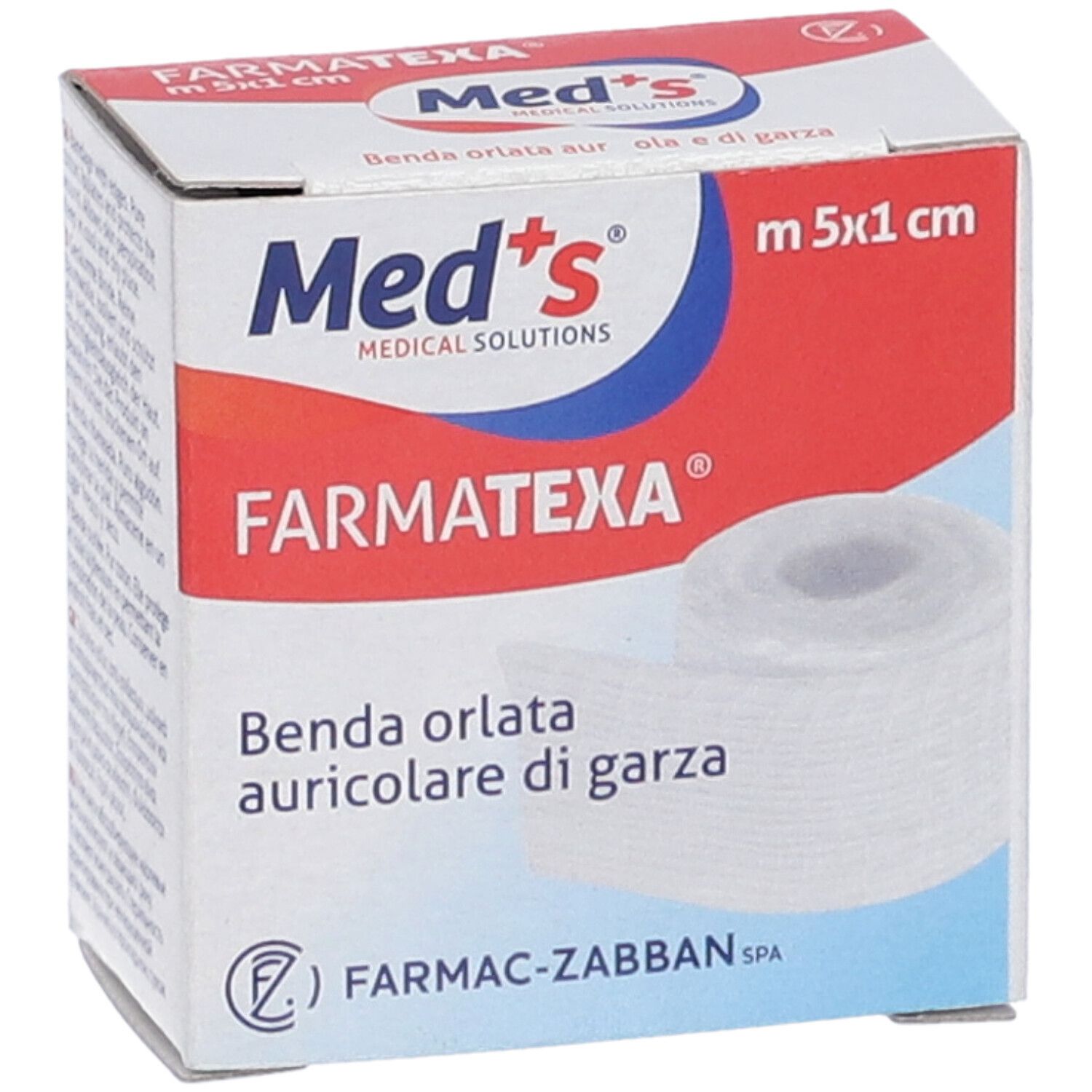 Confezione in cartone con nome e logo del prodotto. Benda arrotolata visibile.