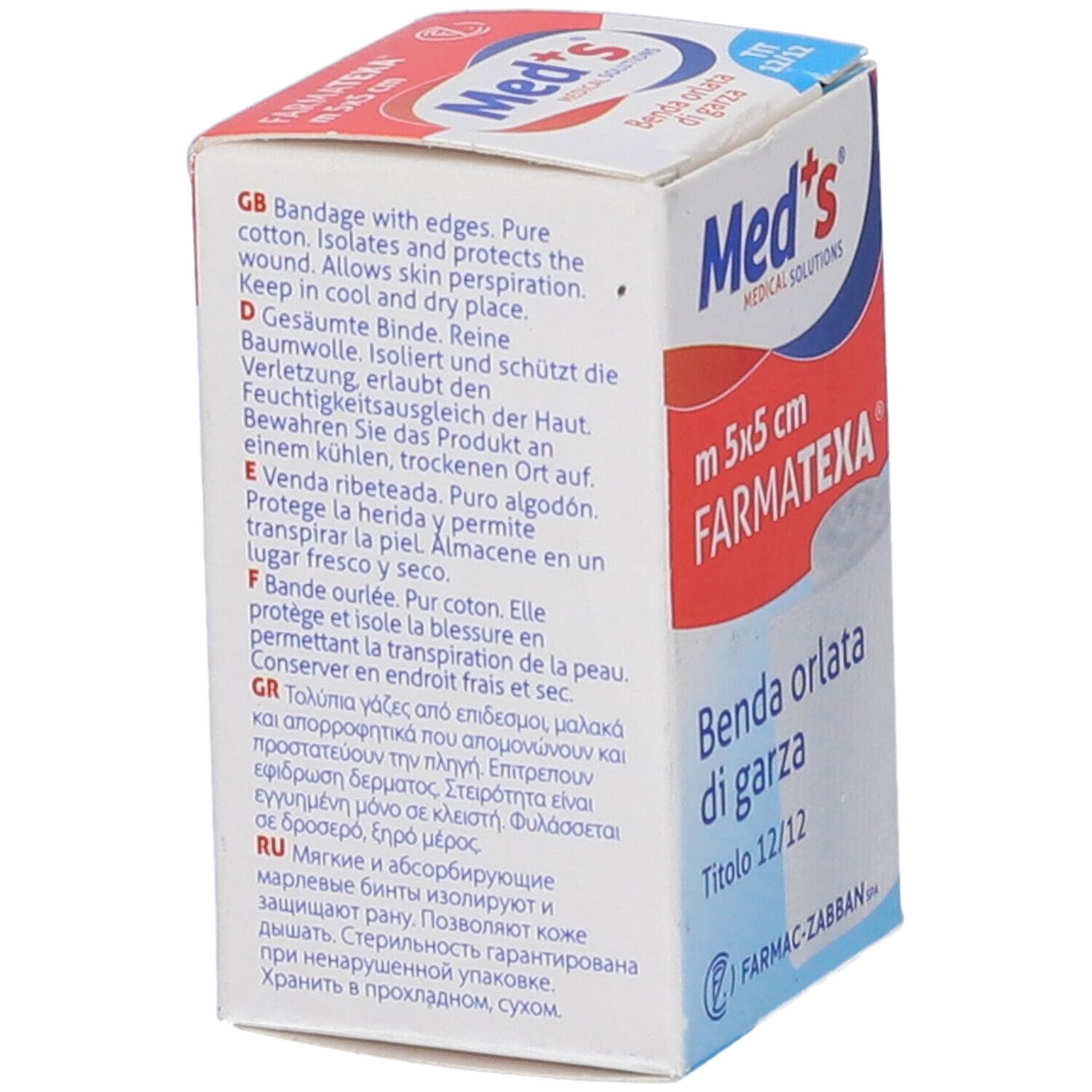 Testo sulla confezione. Benda orlata di garza. Cotone. Isolamento e protezione. Conservare in luogo fresco e asciutto. Multilingue.