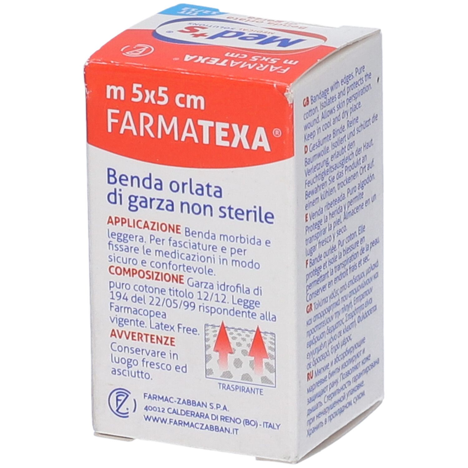 Confezione. Benda orlata di garza non sterile. Istruzioni per l'uso. Composizione: cotone. Senza lattice. Traspirante.