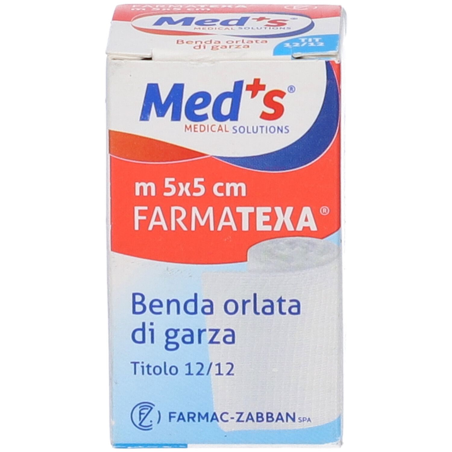 Confezione di benda. Med's Farmatexa Orlata, 5x5 cm. Benda orlata di garza. Titolo 12/12. Materiale di bendaggio bianco visibile.