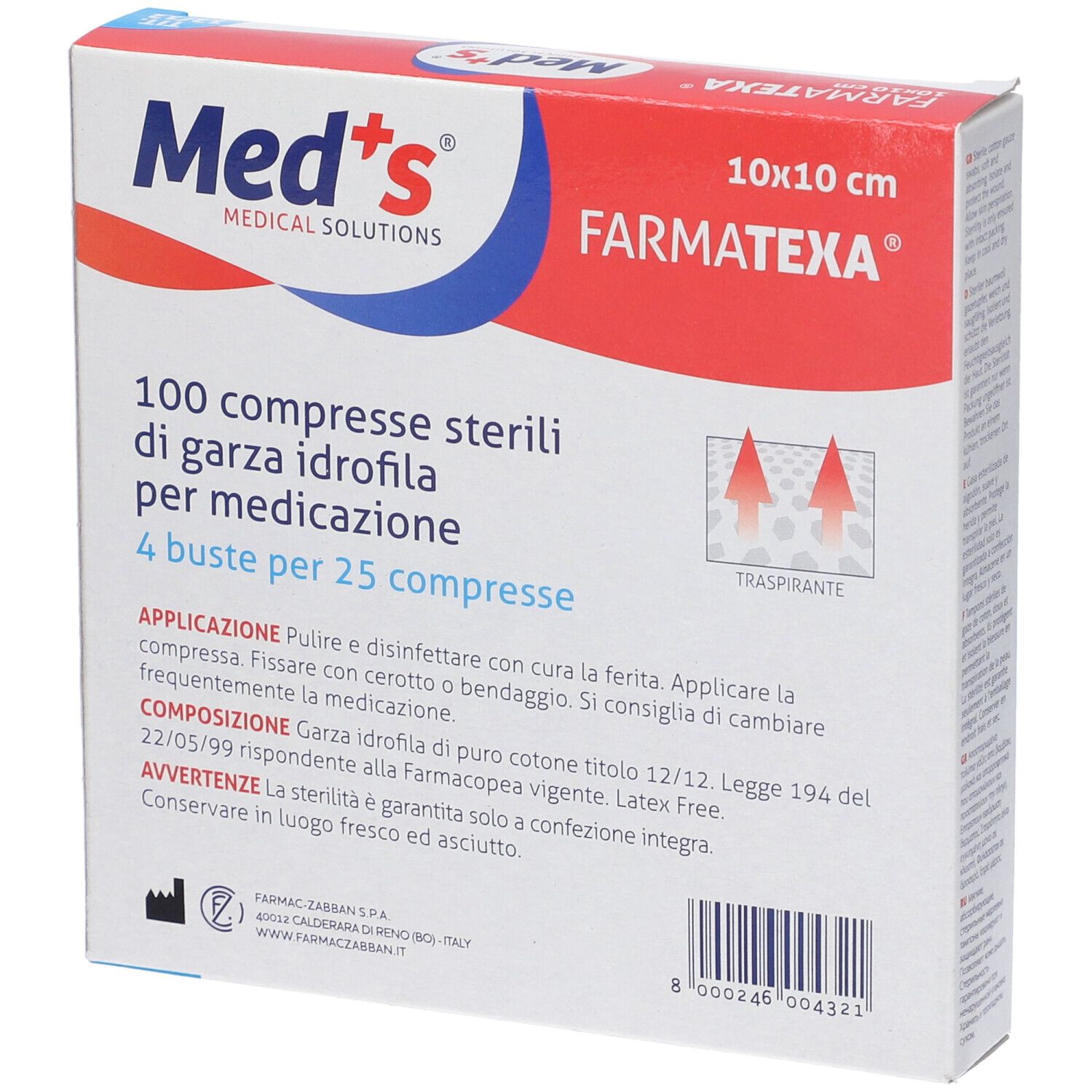 Retro della confezione di 100 compresse. Marchio Med's, 10x10 cm, nome Farmatexa. Testo e pittogrammi.