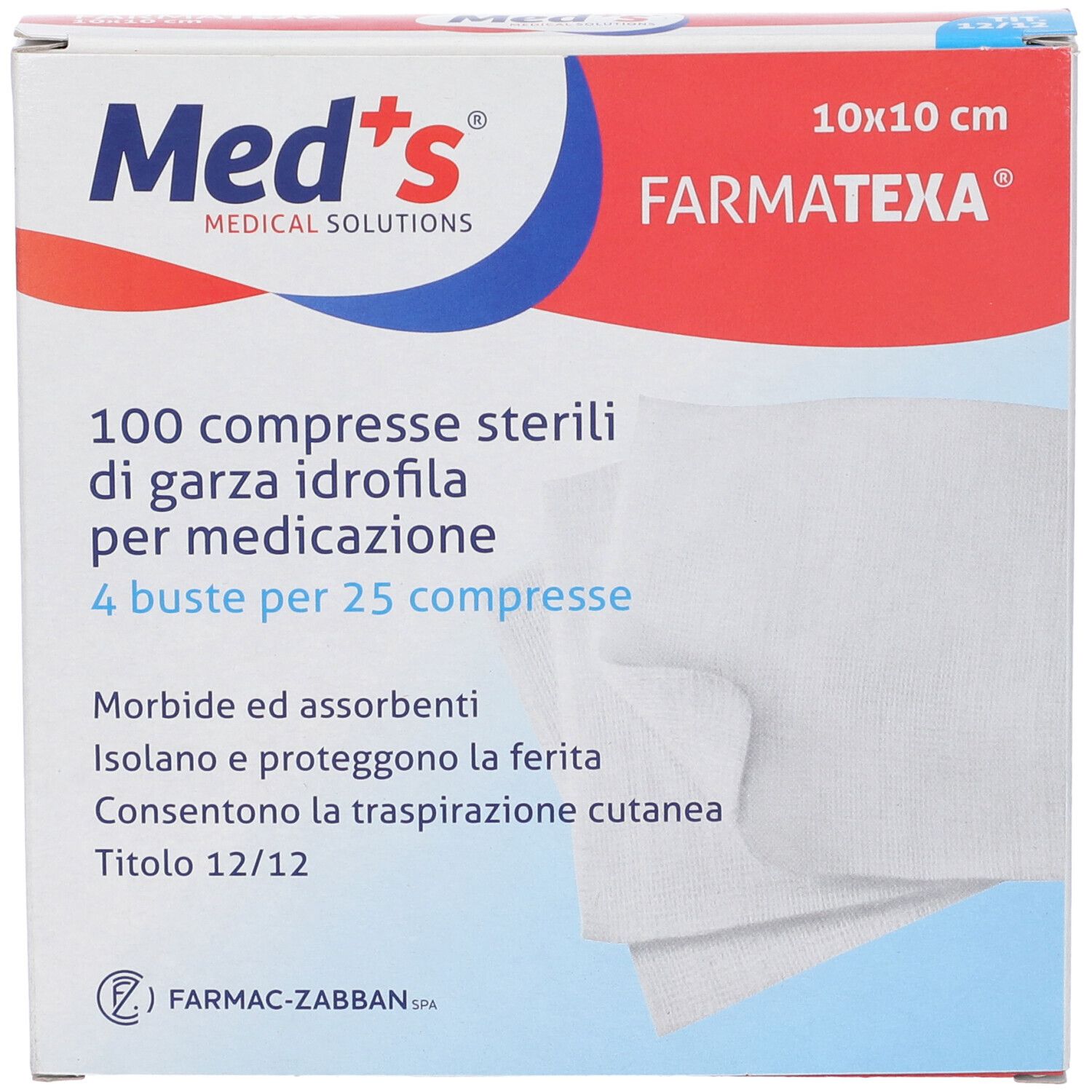 Confezione di 100 compresse sterili, 10x10 cm. Marchio Med's, nome Farmatexa. Compresse bianche.