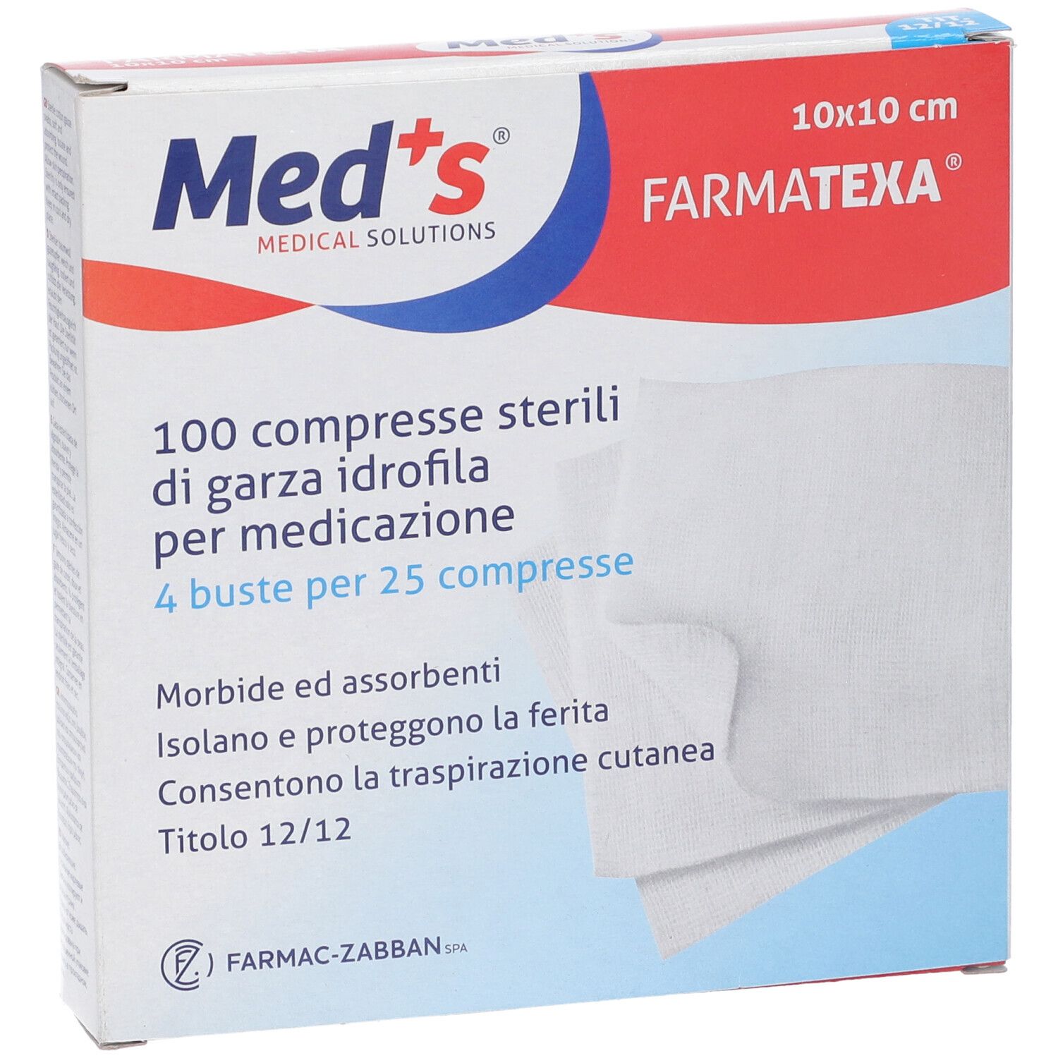 Confezione di 100 compresse sterili, 10x10 cm. Marchio Med's, nome Farmatexa. Compresse bianche.
