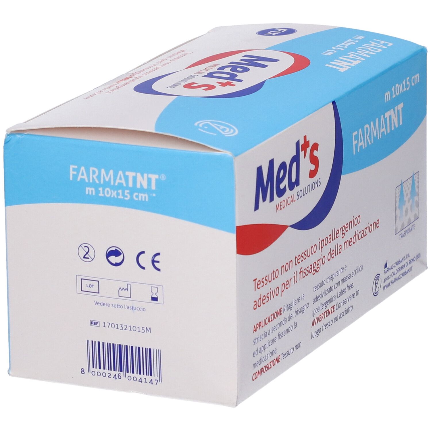 Retro della confezione di cerotto Med's Fix. Contiene numero di lotto, marchio CE e dimensione: 10x15 cm. Con codice a barre.