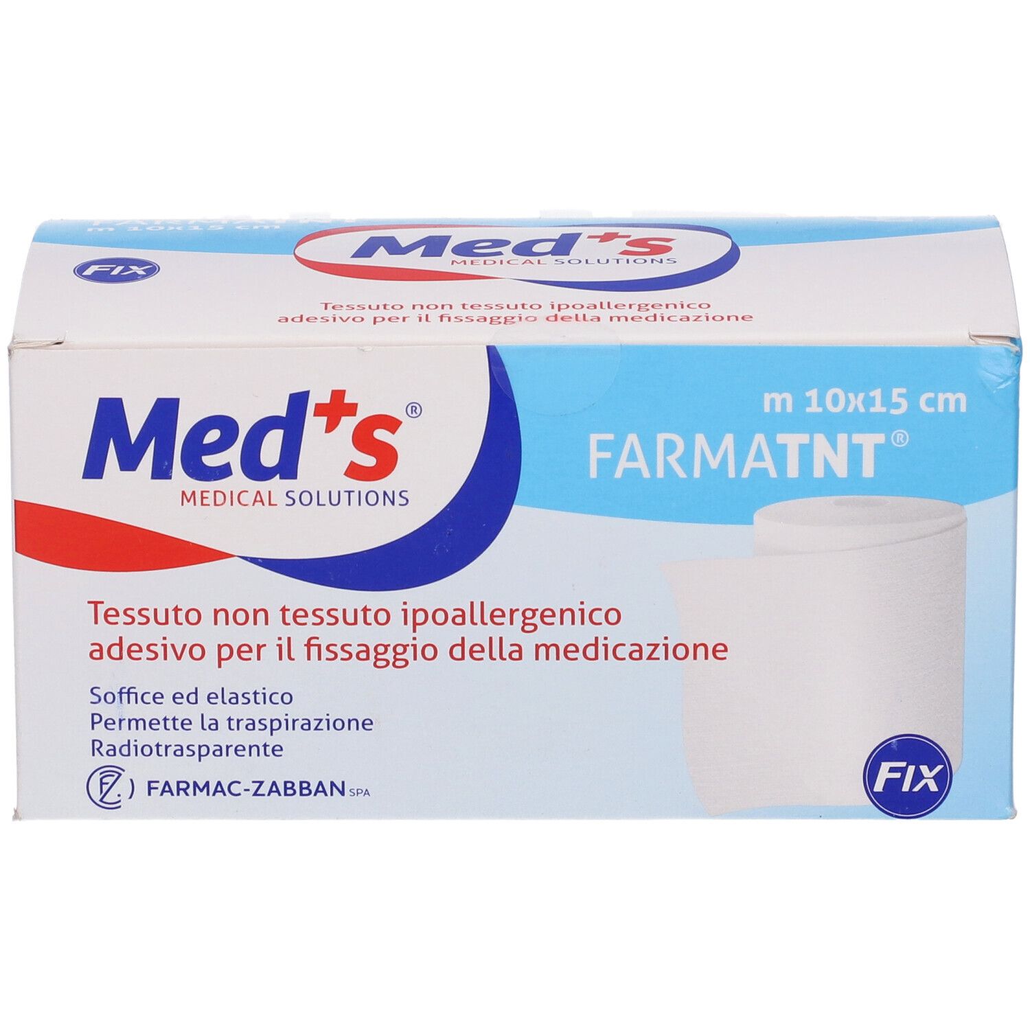 Confezione di cerotto Med's Fix. Scatola blu e bianca con informazioni sul prodotto e rotolo di cerotto. Dimensione: 10x15 cm.