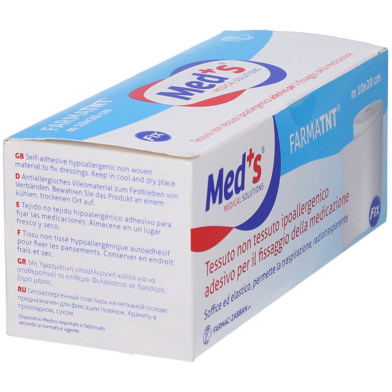 Confezione di Med's FARMATNT, cerotto ipoallergenico. Testo multilingue. Dimensioni: m 10x20 cm. Design blu e bianco.