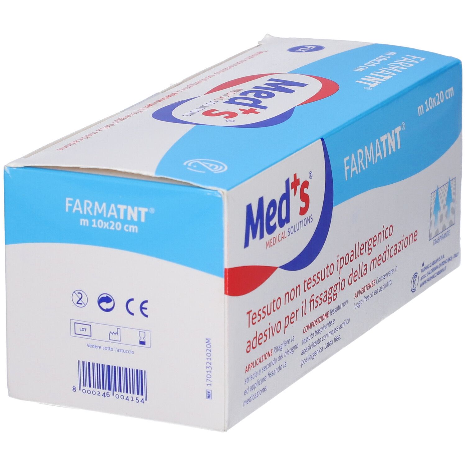 Confezione di Med's FARMATNT, cerotto ipoallergenico. Dimensioni: m 10x20 cm. Marchio CE. Design blu e bianco.
