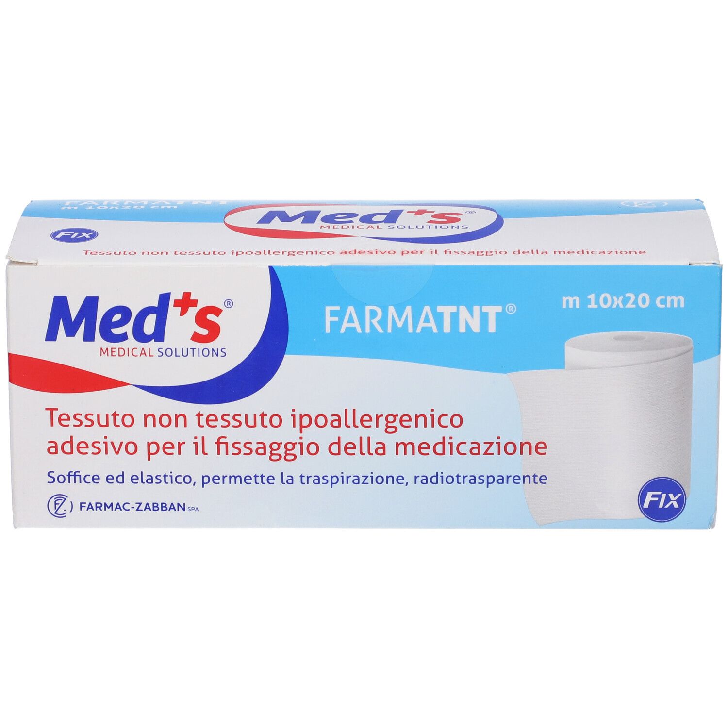 Confezione di Med's FARMATNT, cerotto ipoallergenico. Rotolo visibile. Dimensioni: m 10x20 cm. Design blu e bianco.