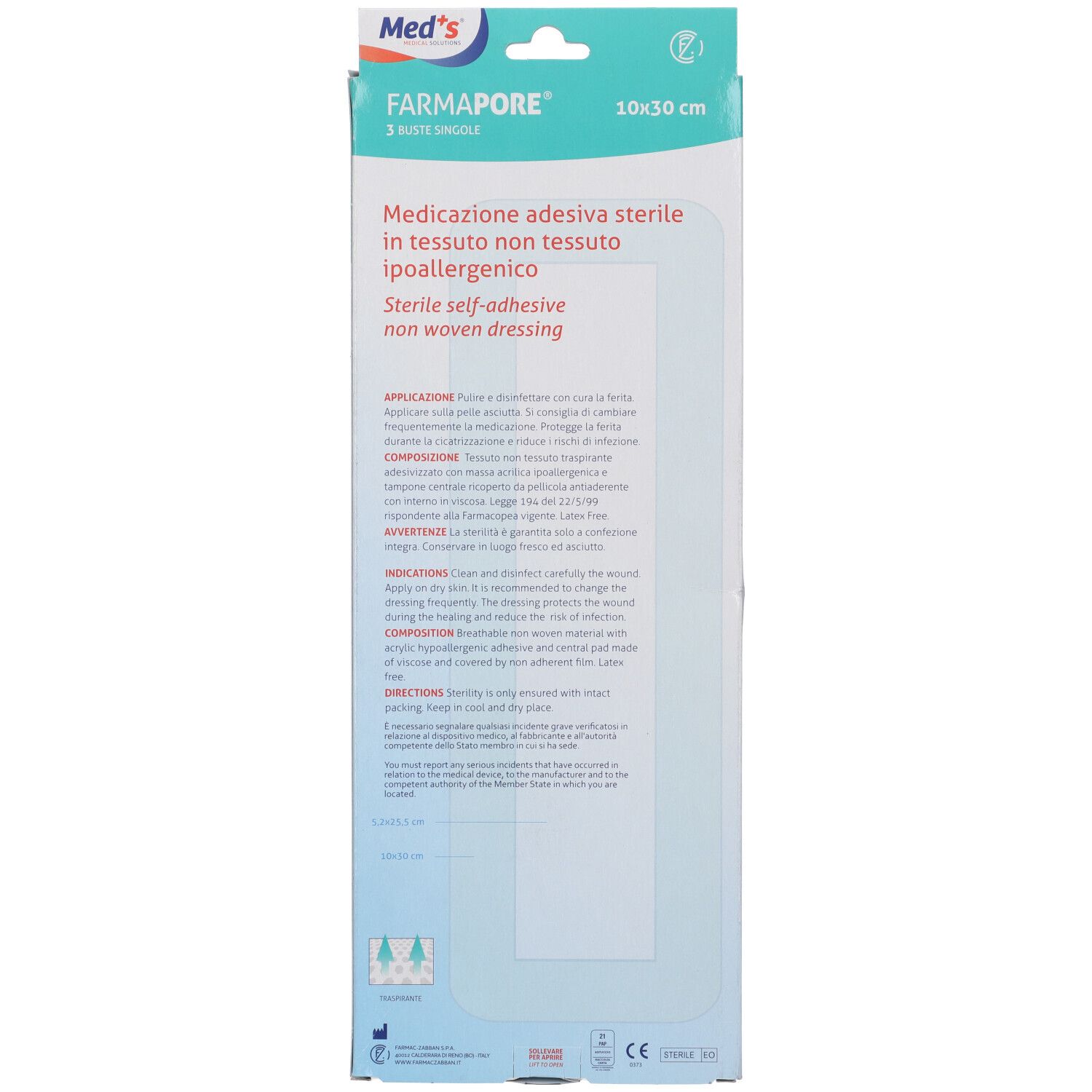 Retro della confezione con informazioni sul prodotto. Testo in italiano e inglese.