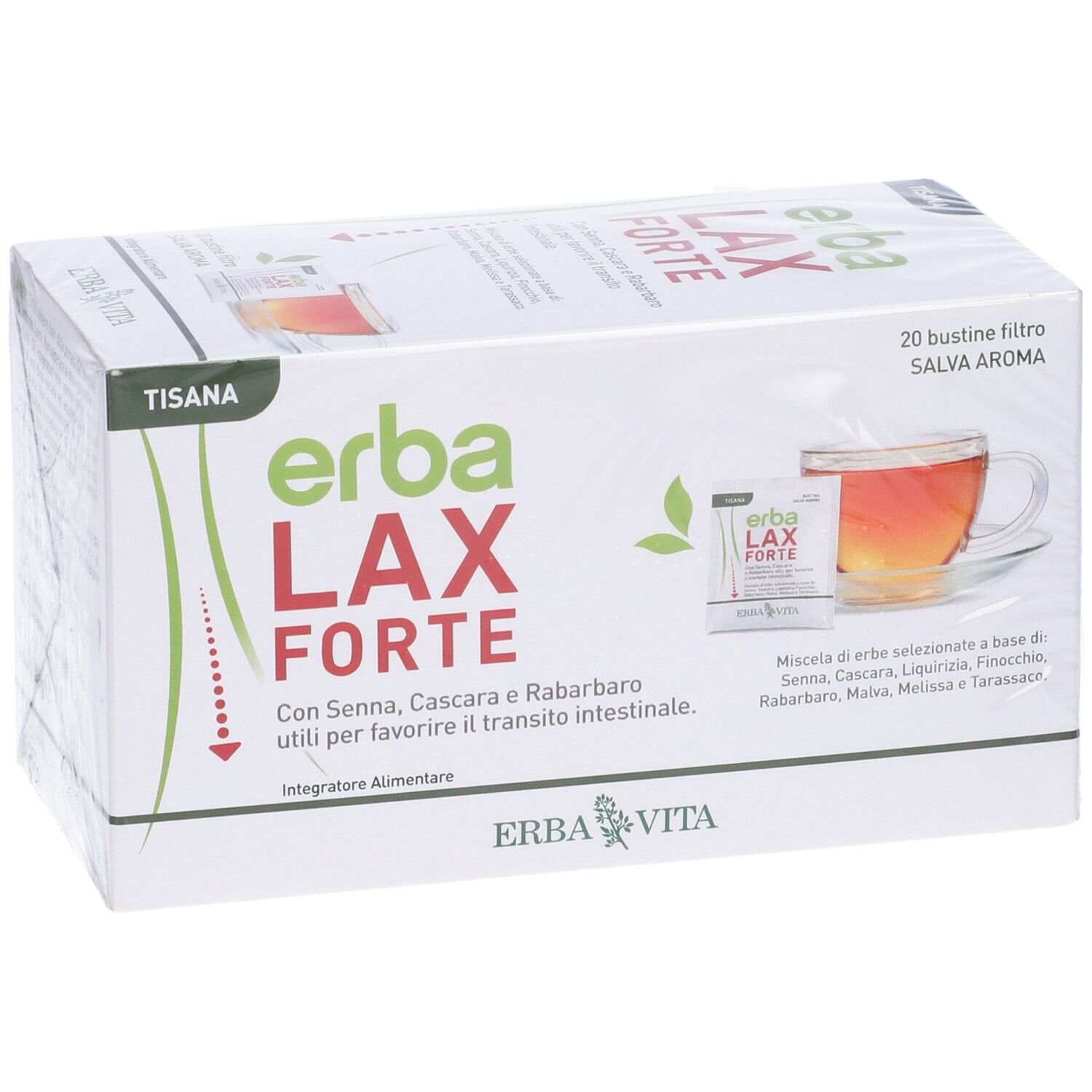 Confezione di Erba Lax Forte. 20 bustine filtro. Scritta: Erba Lax Forte. Con Senna, Cascara e Rabarbaro.