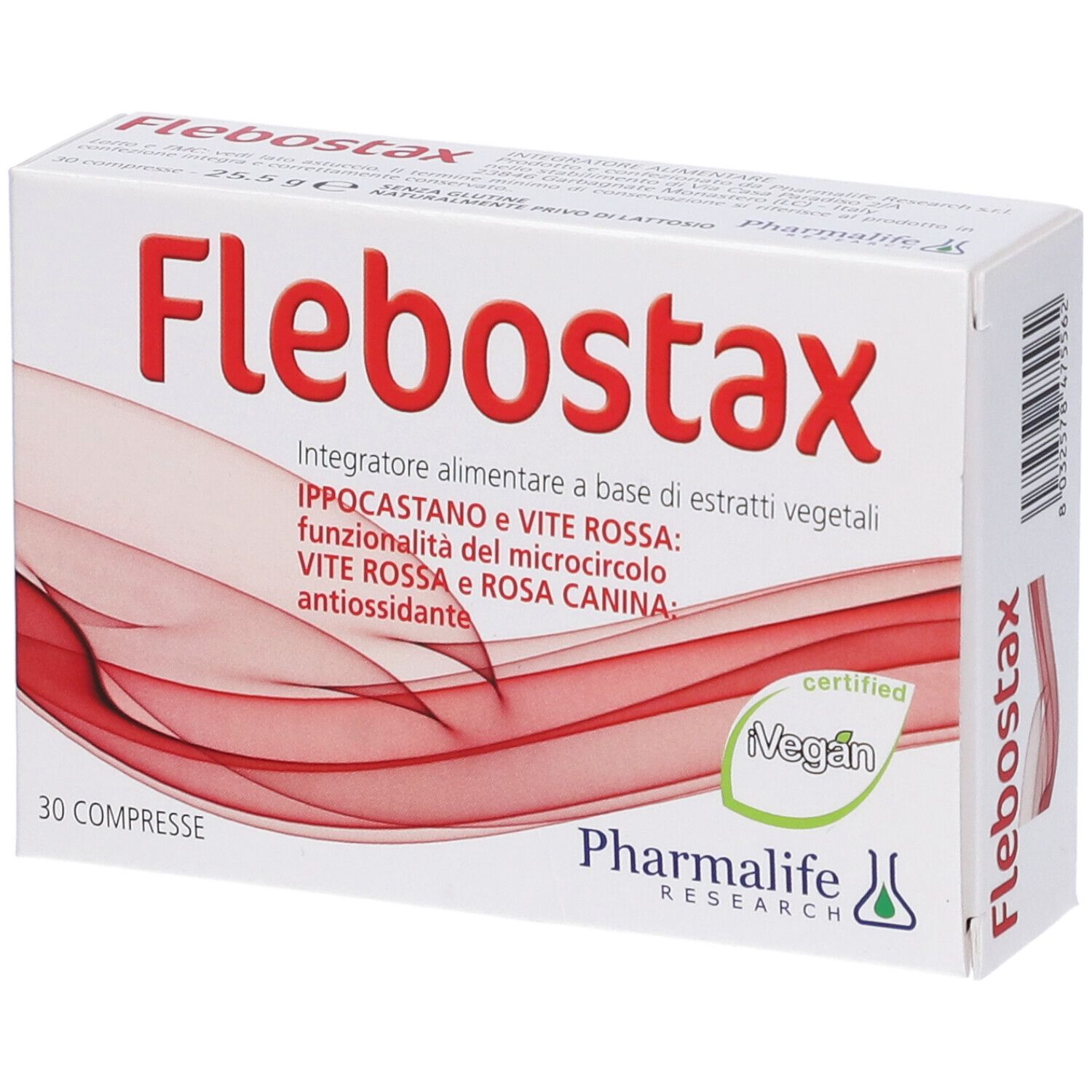 Scatola con scritta rossa Flebostax. Contiene 30 compresse. Certificazione vegana.
