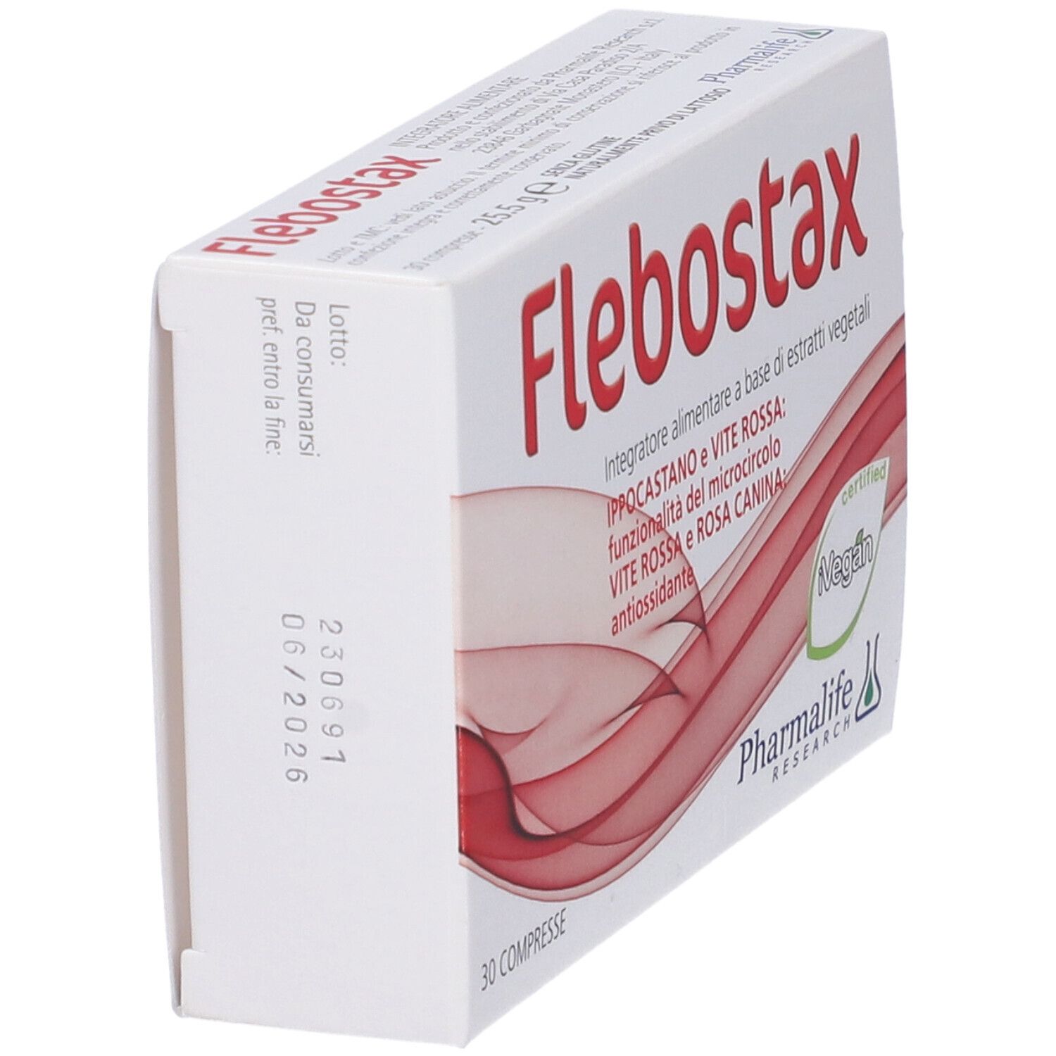 Scatola bianca con scritta rossa Flebostax. Contiene 30 compresse. Certificazione vegana.