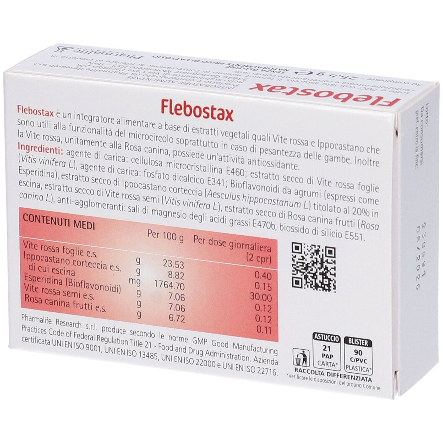 Scatola bianca con scritta rossa Flebostax. Contiene 30 compresse. Certificazione vegana.