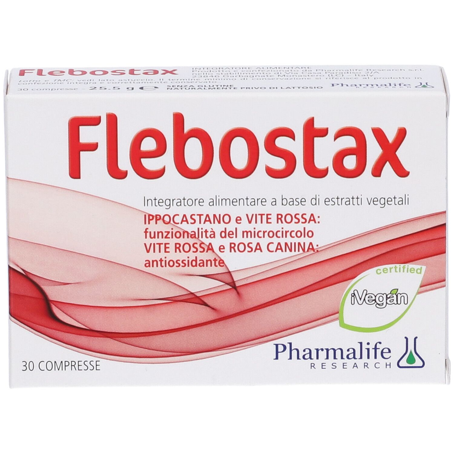 Retro della scatola con ingredienti e tabella nutrizionale. Testo in italiano.