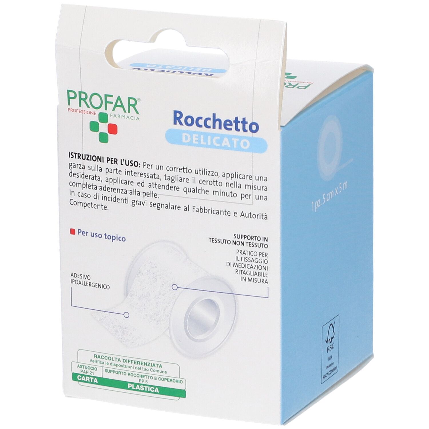 Retro confezione cerotto Profar Rocchetto Delicato, con istruzioni per l'uso.