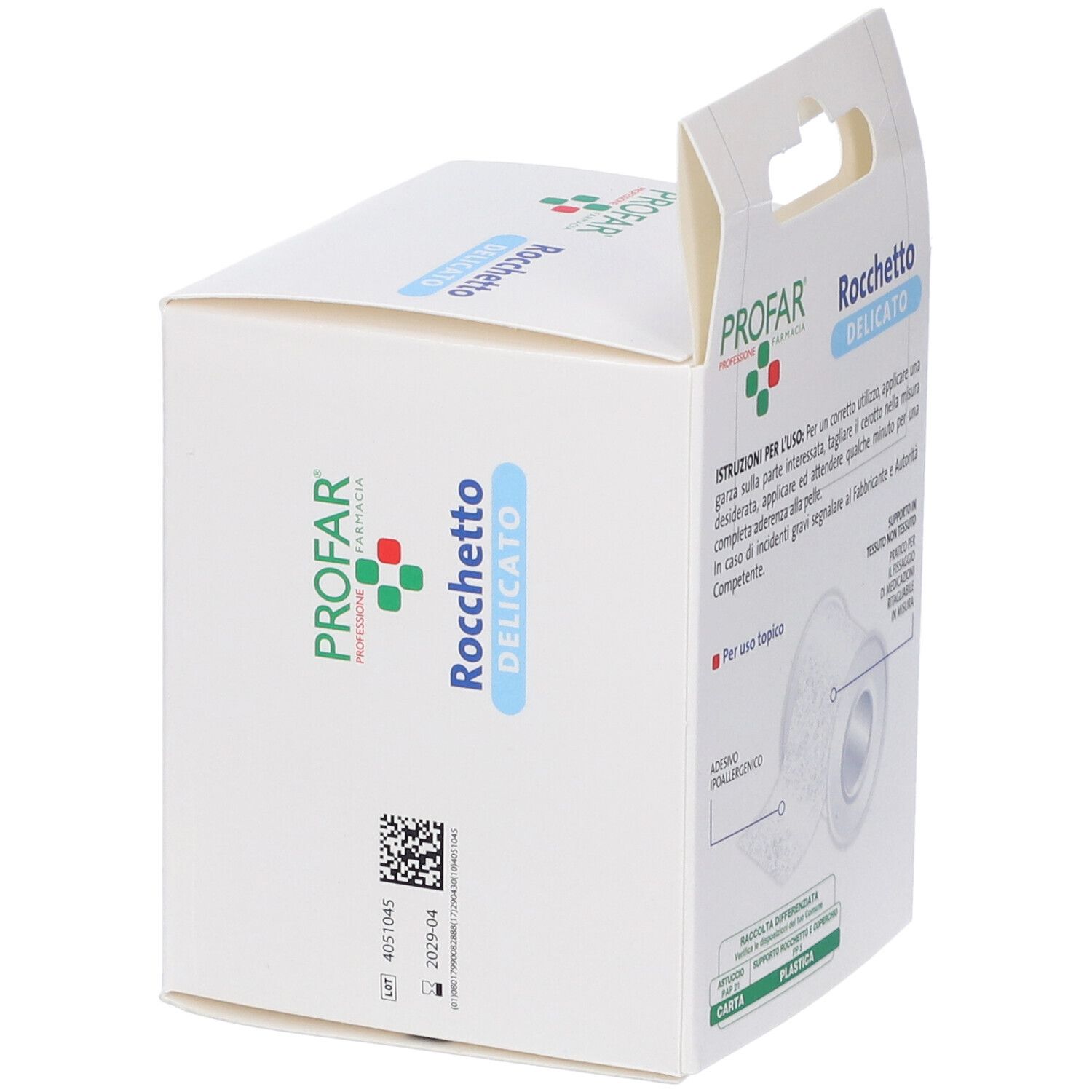 Lato confezione cerotto Profar Rocchetto Delicato, con numero di lotto e data di scadenza.