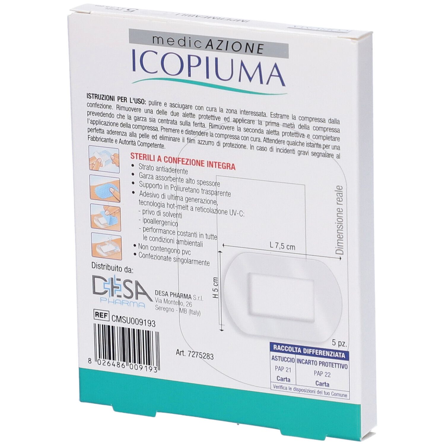 Garza Compressa Icopiuma Medicata Postoperatoria 5X7,5 Cm 5 Pezzi