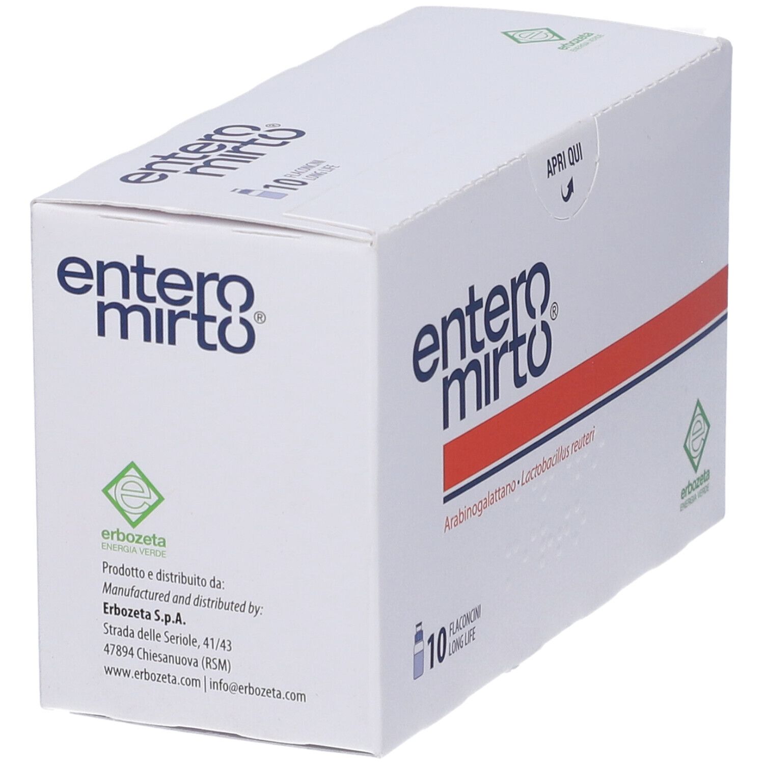 Scatola bianca, angolata. Nome e logo del prodotto. 10 flaconcini. Striscia rossa. Logo verde e bianco.