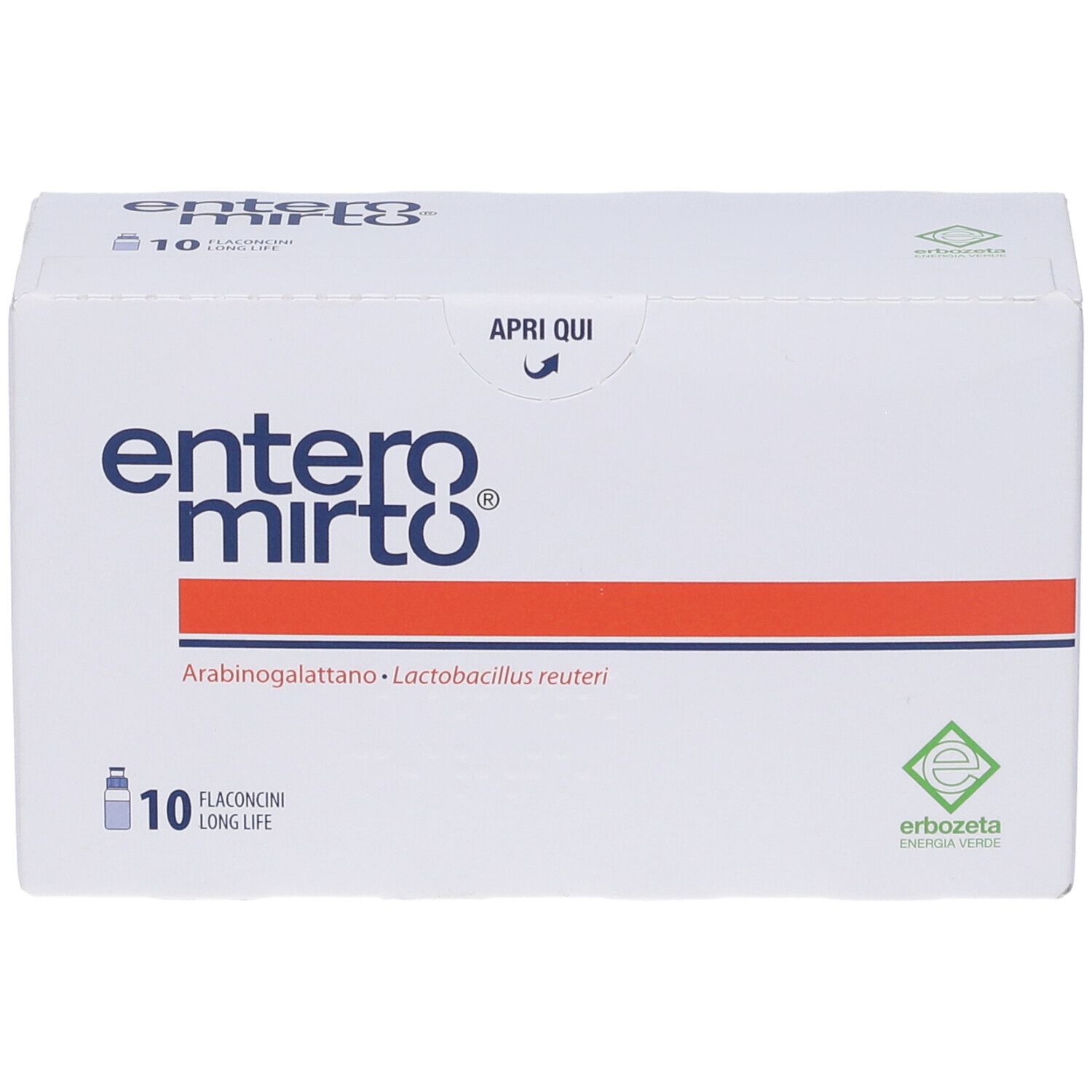 Scatola bianca con nome e logo del prodotto. Contiene 10 flaconcini. Striscia rossa. Logo verde e bianco.