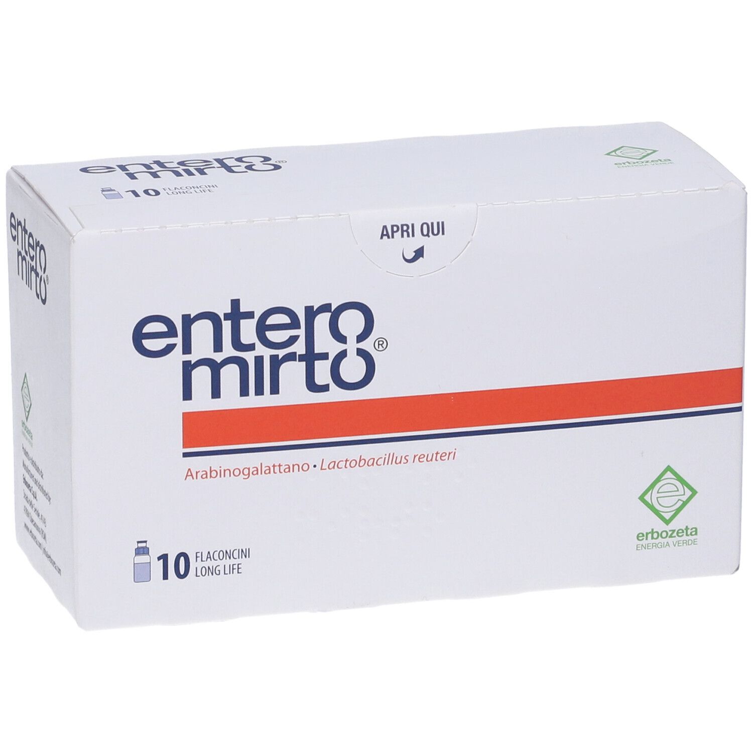 Scatola bianca con nome e logo del prodotto. Contiene 10 flaconcini. Striscia rossa. Logo verde e bianco.