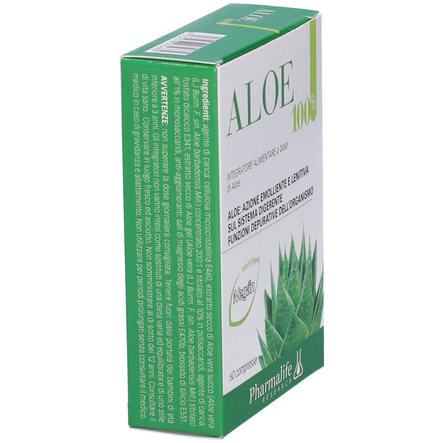 Scatola di compresse Aloe 100%. Vista laterale con ingredienti e avvertenze. Testo in italiano.