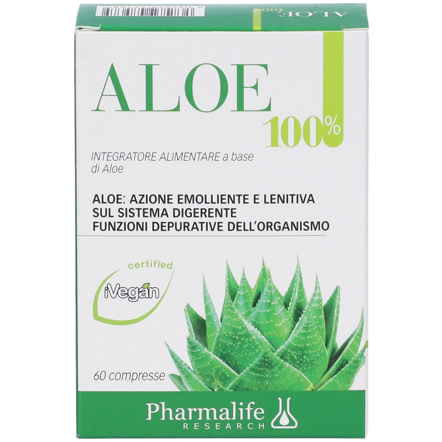 Scatola di compresse Aloe 100%. Vista frontale con nome del prodotto, immagine di aloe vera e certificazione vegana.