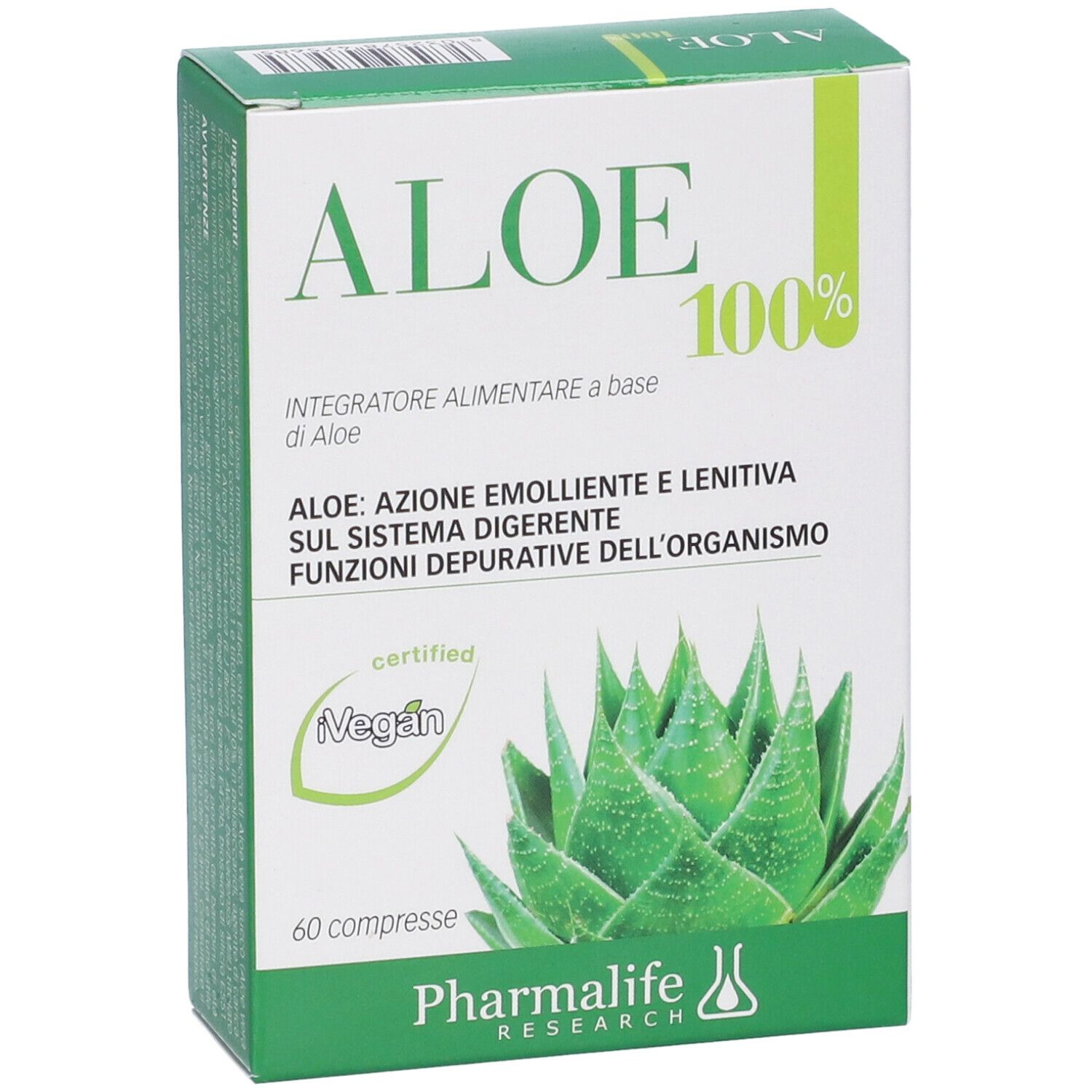 Scatola di compresse Aloe 100%. Vista frontale con nome del prodotto, immagine di aloe vera e certificazione vegana.