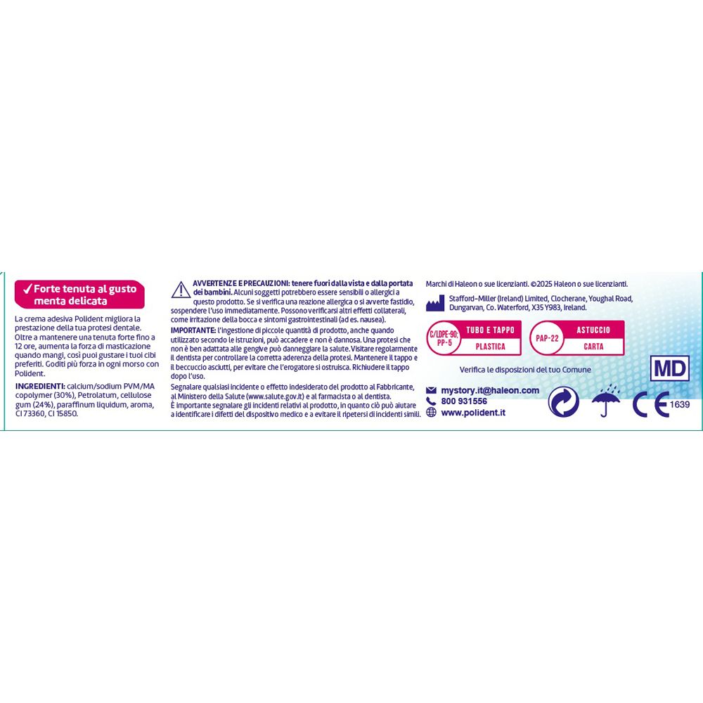 Retro della confezione Polident. Testo, ingredienti, avvertenze, informazioni del produttore e marchio CE.