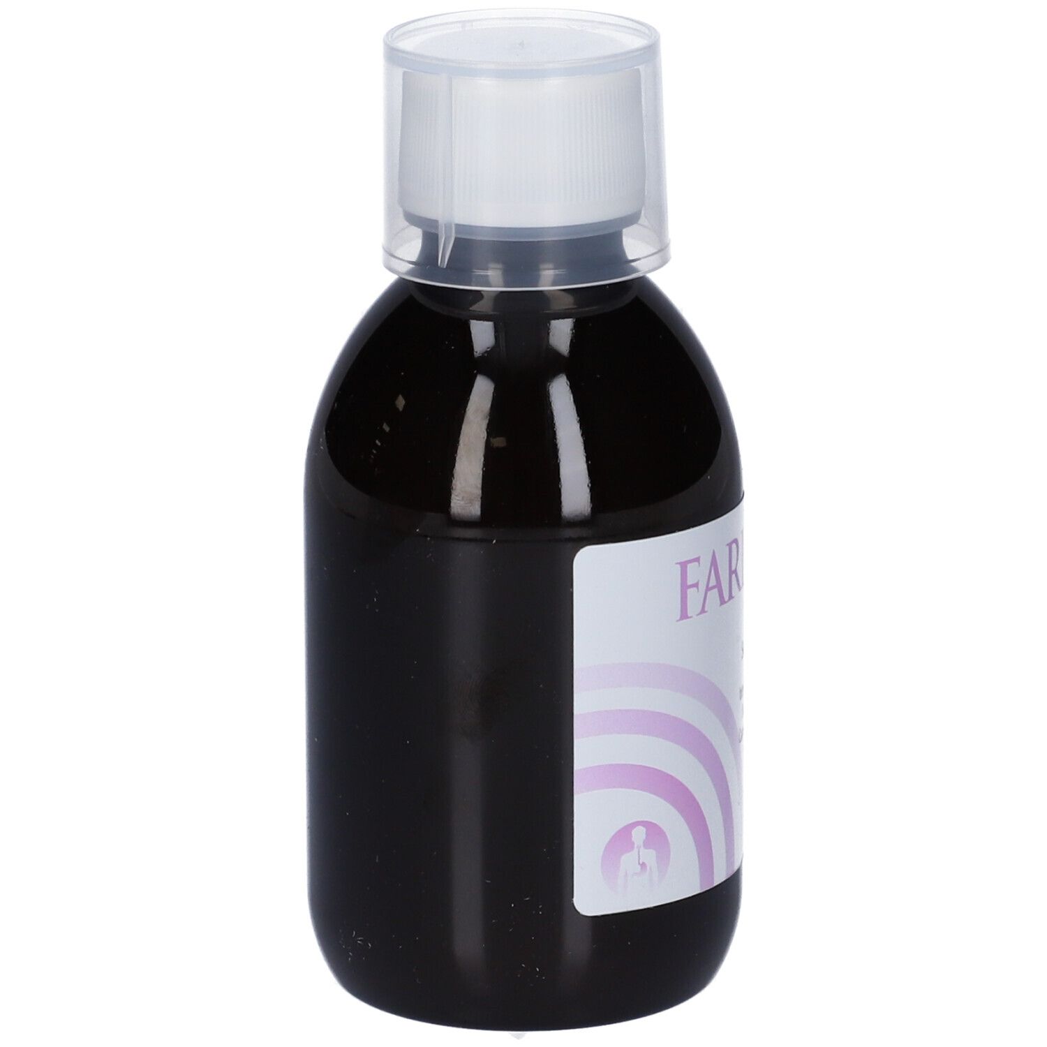 Bottiglia marrone con tappo bianco. Vista parziale dell'etichetta con nome del prodotto e logo.