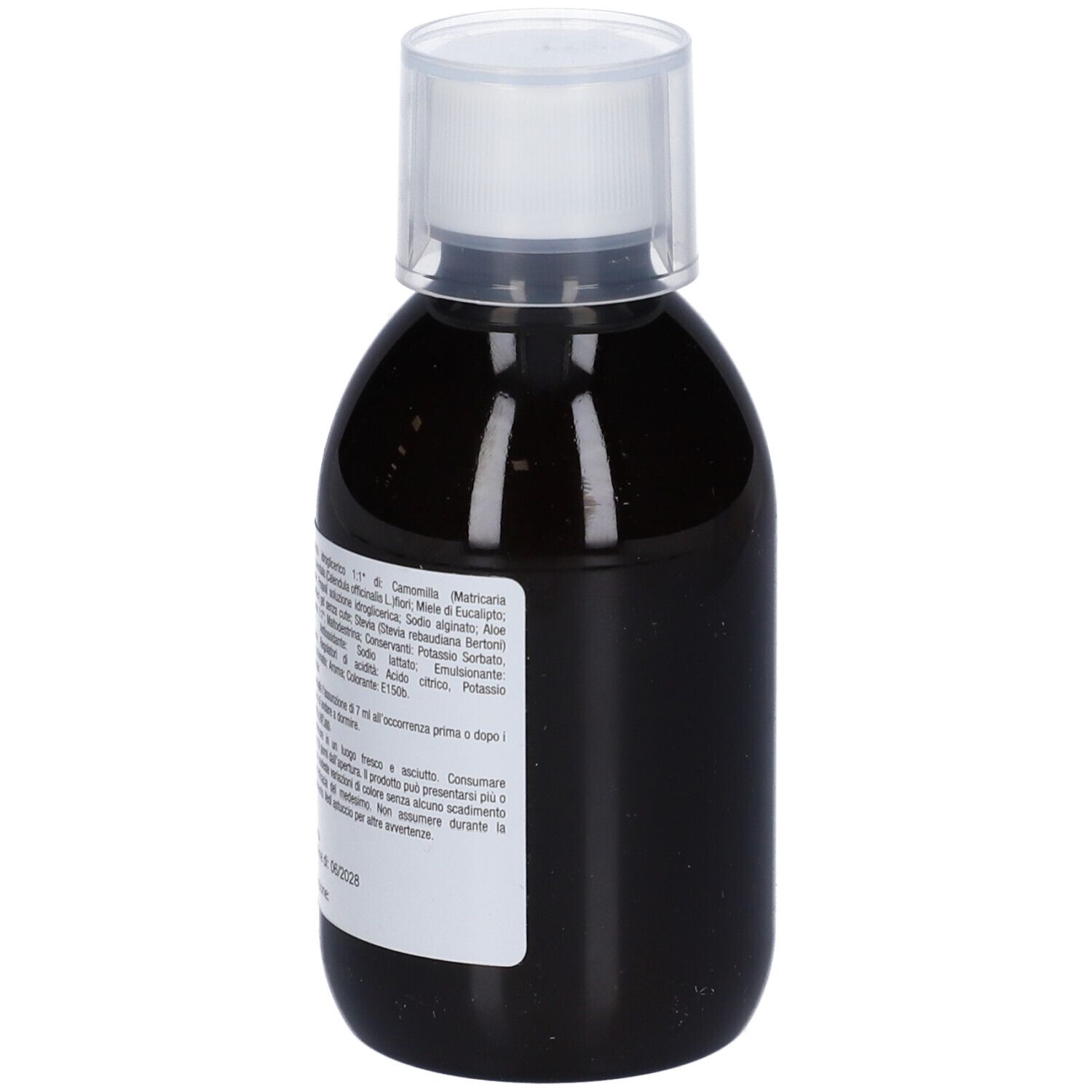 Bottiglia marrone con tappo bianco. Etichetta con ingredienti e altre informazioni.