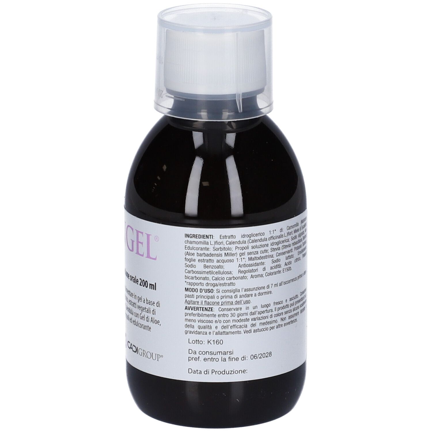 Bottiglia marrone con tappo bianco. Etichetta con ingredienti e istruzioni per l'uso.