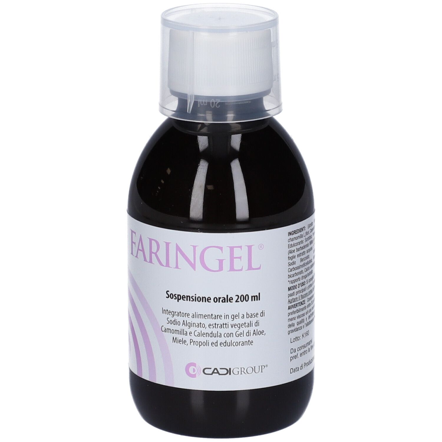 Bottiglia marrone con tappo bianco. Etichetta con nome del prodotto, ingredienti e logo.