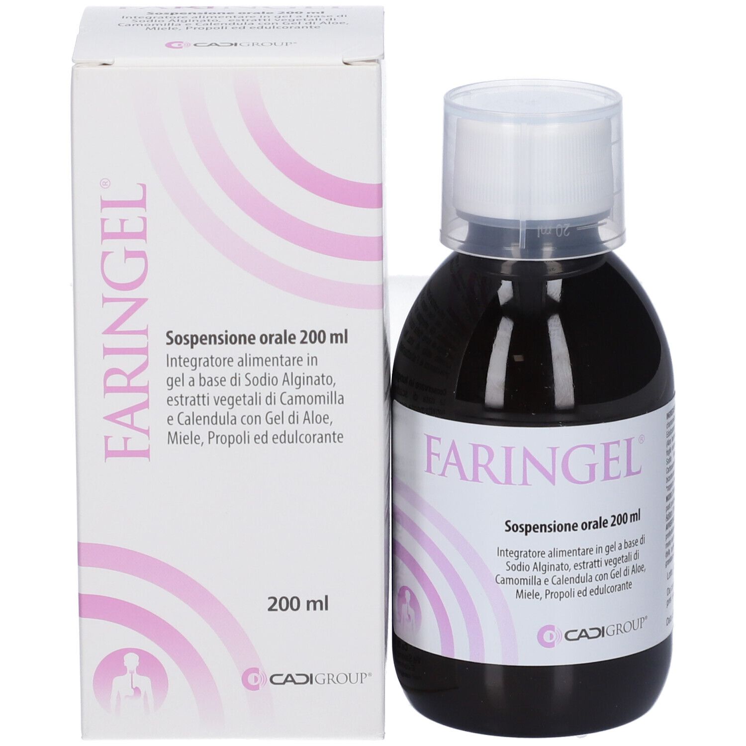 Bottiglia e confezione del prodotto. Bottiglia marrone con tappo bianco. Confezione bianca con nome del prodotto.