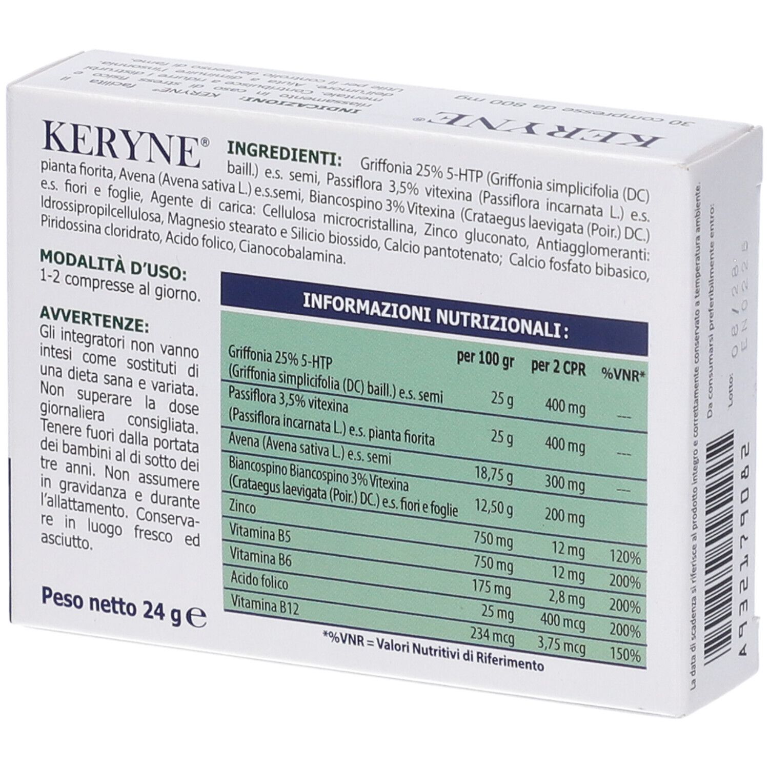 Scatola di Keryne®. Retro con ingredienti e informazioni nutrizionali. Peso: 24 g. Logo SC Pharma. Confezione bianca e blu.