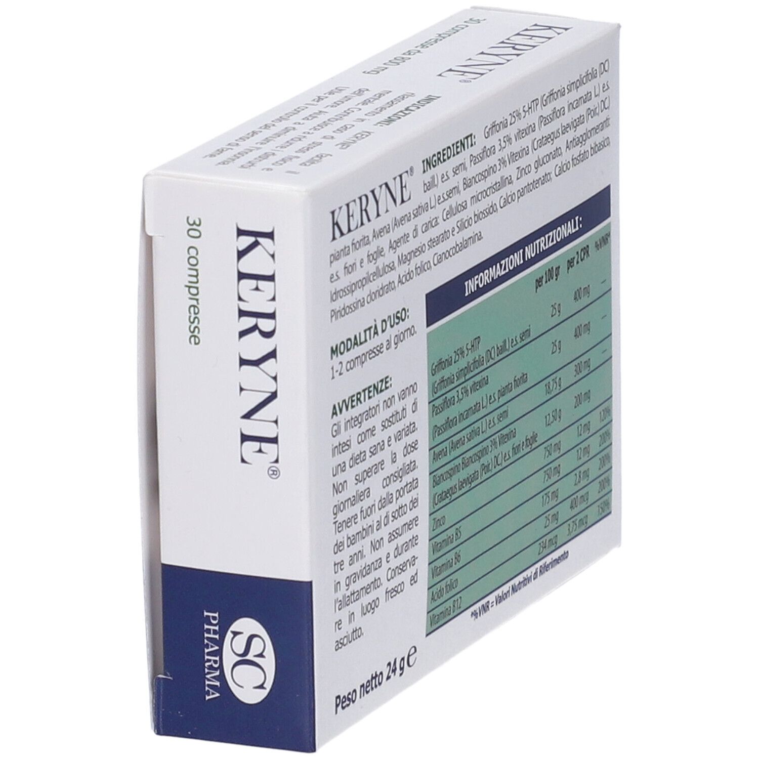 Scatola di Keryne®. Retro con ingredienti e informazioni nutrizionali. Peso: 24 g. Logo SC Pharma. Confezione bianca e blu.