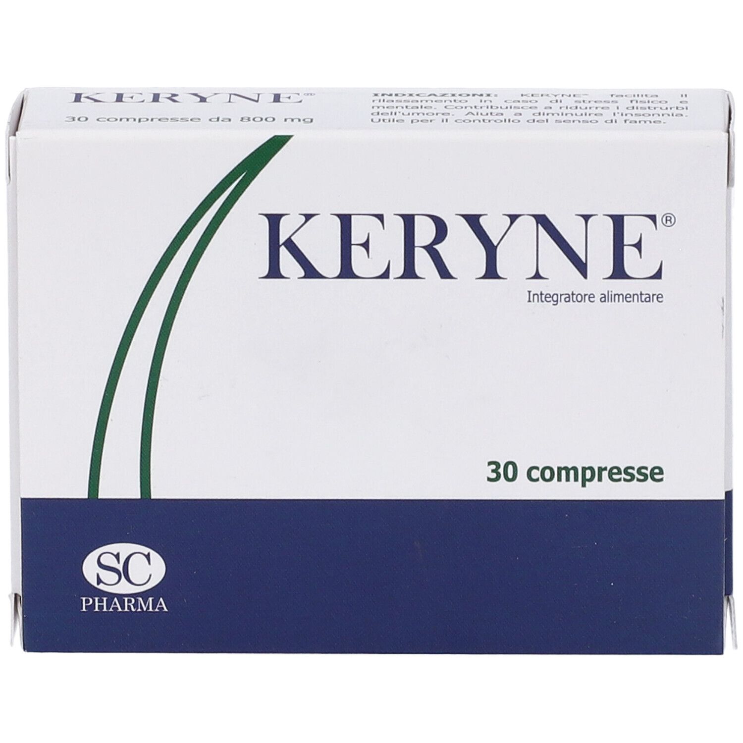 Scatola di Keryne®. 30 compresse. Scritto: 30 compresse da 800 mg. Logo SC Pharma. Confezione blu e bianca.