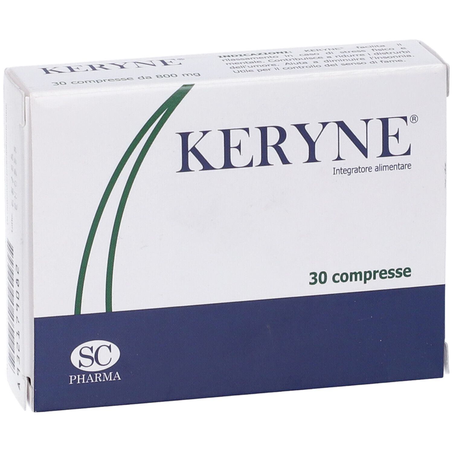 Scatola di Keryne®. 30 compresse. Scritto: 30 compresse da 800 mg. Logo SC Pharma. Confezione blu e bianca.